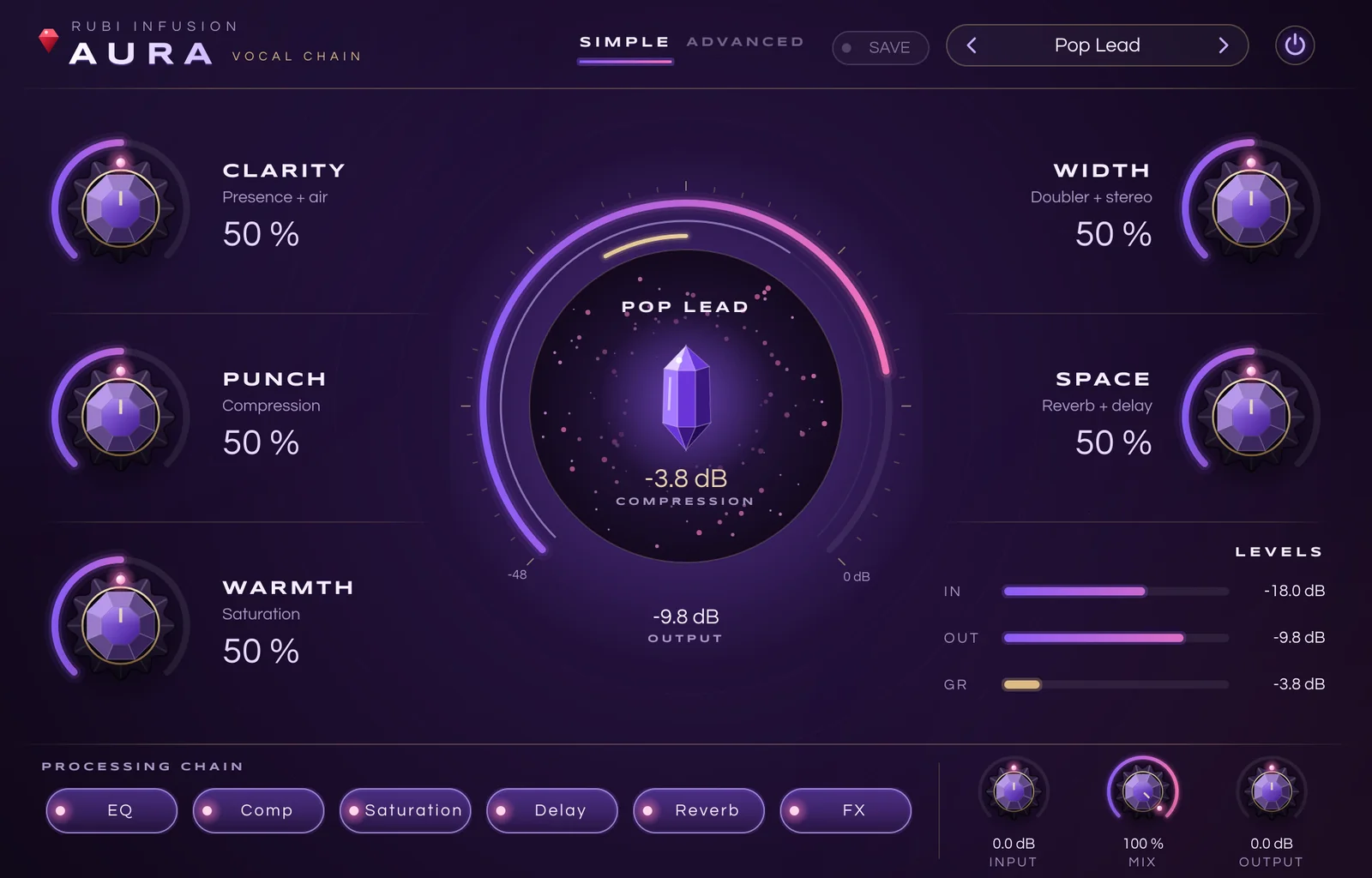 Rubi Infusion Aura, simple view with five macros around the amethyst meter