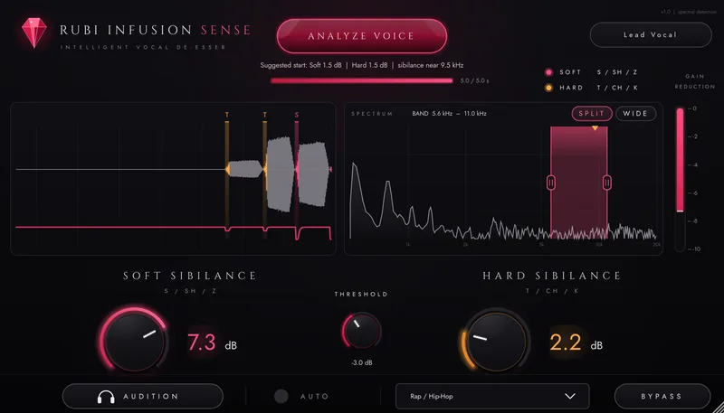 Sense de-esser with waveform, live spectrum and band